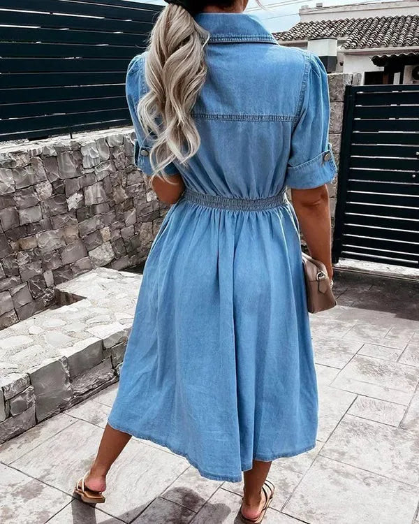 Mia | Damen Denim Midi Kleid mit Knopfleiste