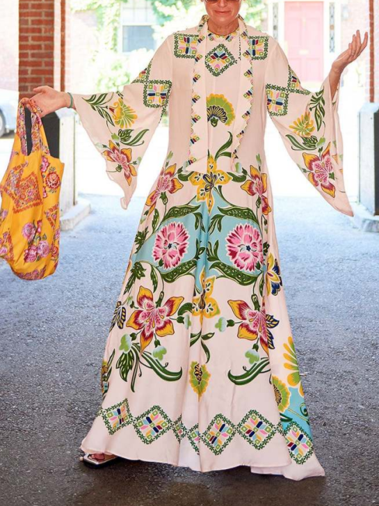Noelle | Damen Langarm Floral Maxi Kleid