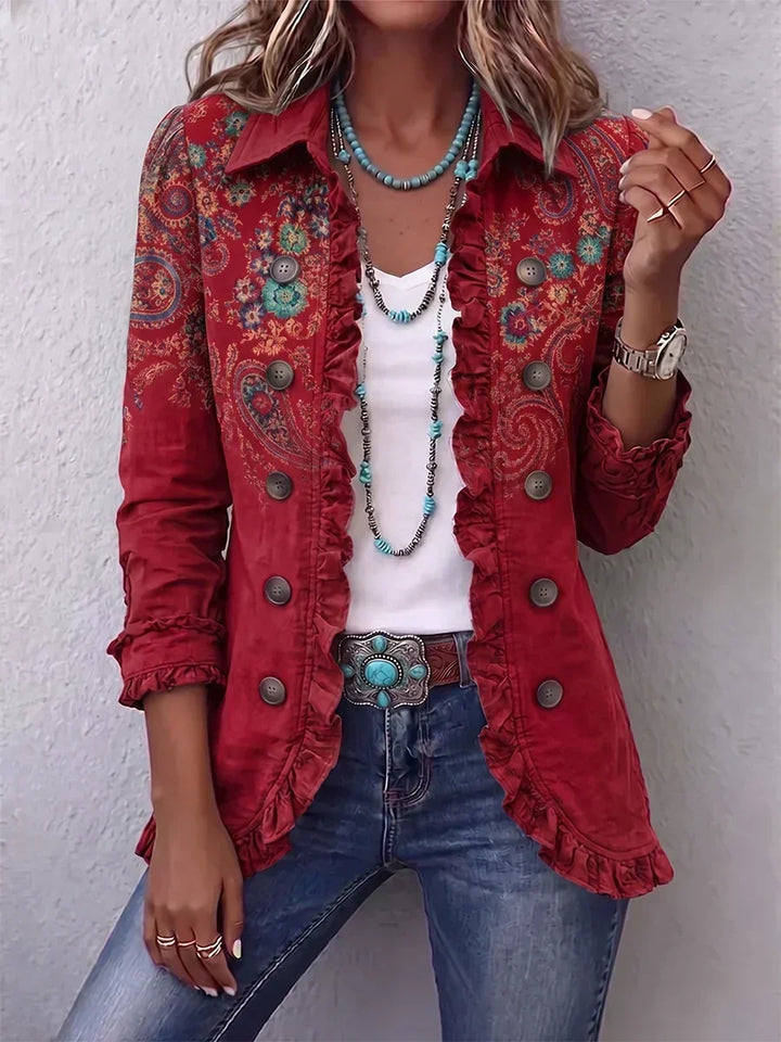 Kamberly | Damen Utility-Jacke mit floralem Stickmuster und Rüschensaum