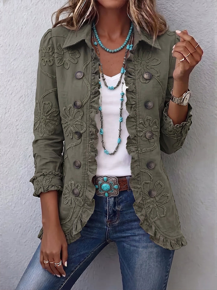 Kamberly | Damen Utility-Jacke mit floralem Stickmuster und Rüschensaum