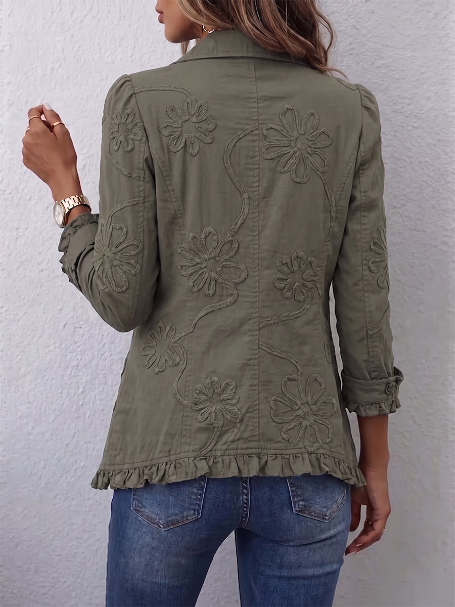 Kamberly | Damen Utility-Jacke mit floralem Stickmuster und Rüschensaum