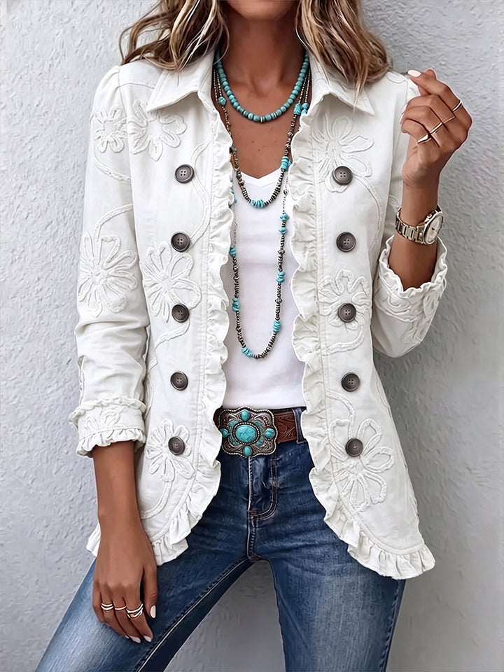 Kamberly | Damen Utility-Jacke mit floralem Stickmuster und Rüschensaum