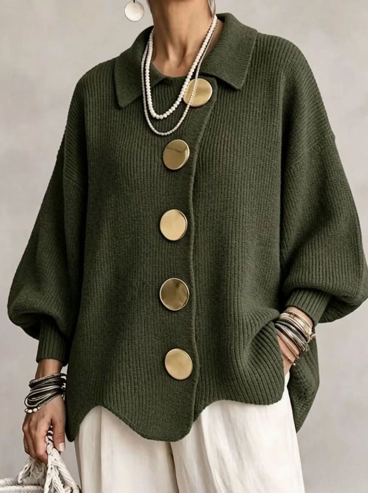 Oversized gestrickte Damenjacke mit goldenen Knöpfen und Laternenärmeln