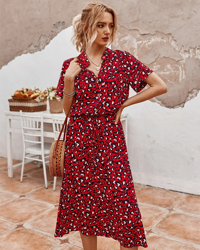 Elizabeth - Damen Midi Hemdkleid mit Tierdruck und kurzen Ärmeln