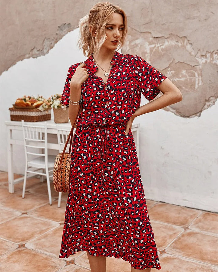 Elizabeth - Damen Midi Hemdkleid mit Tierdruck und kurzen Ärmeln