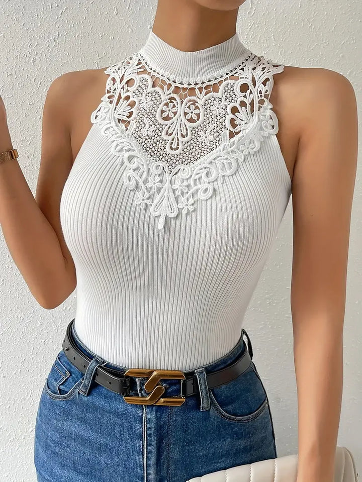 Top Damen - Ärmellos mit Hohem Kragen und Spitze | Elegant
