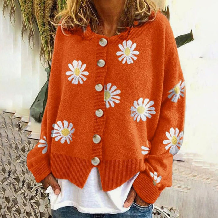 Entspannt gestrickte Damenwinterjacke mit Gänseblümchen und Knopfverschluss