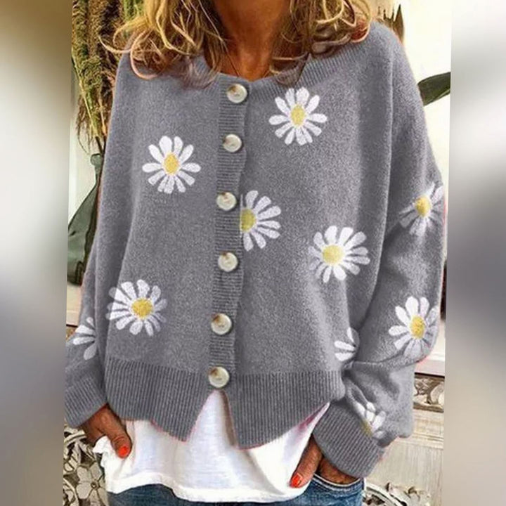 Entspannt gestrickte Damenwinterjacke mit Gänseblümchen und Knopfverschluss