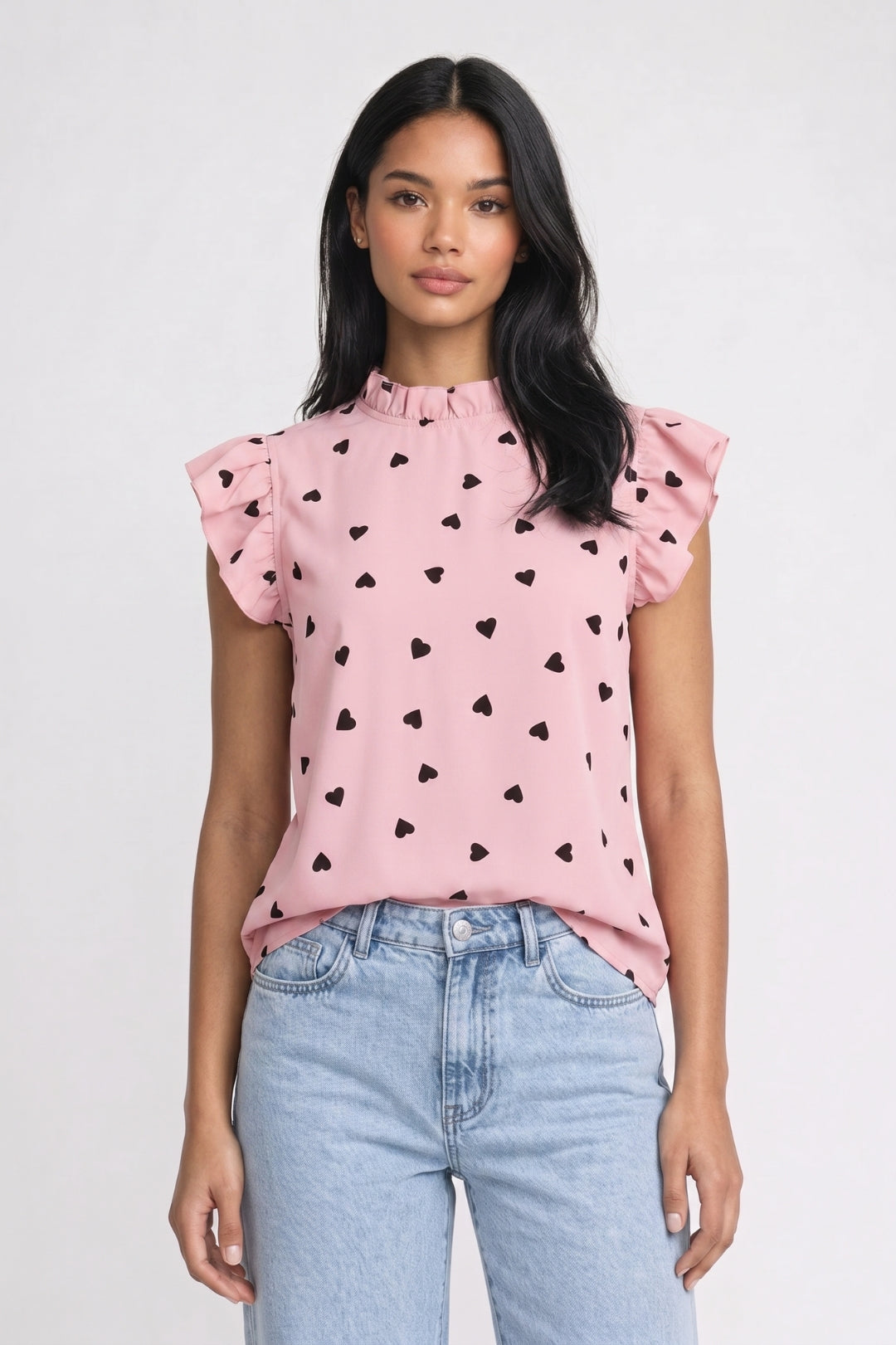 Bluse Damen - Herzprint | Rüschensäume