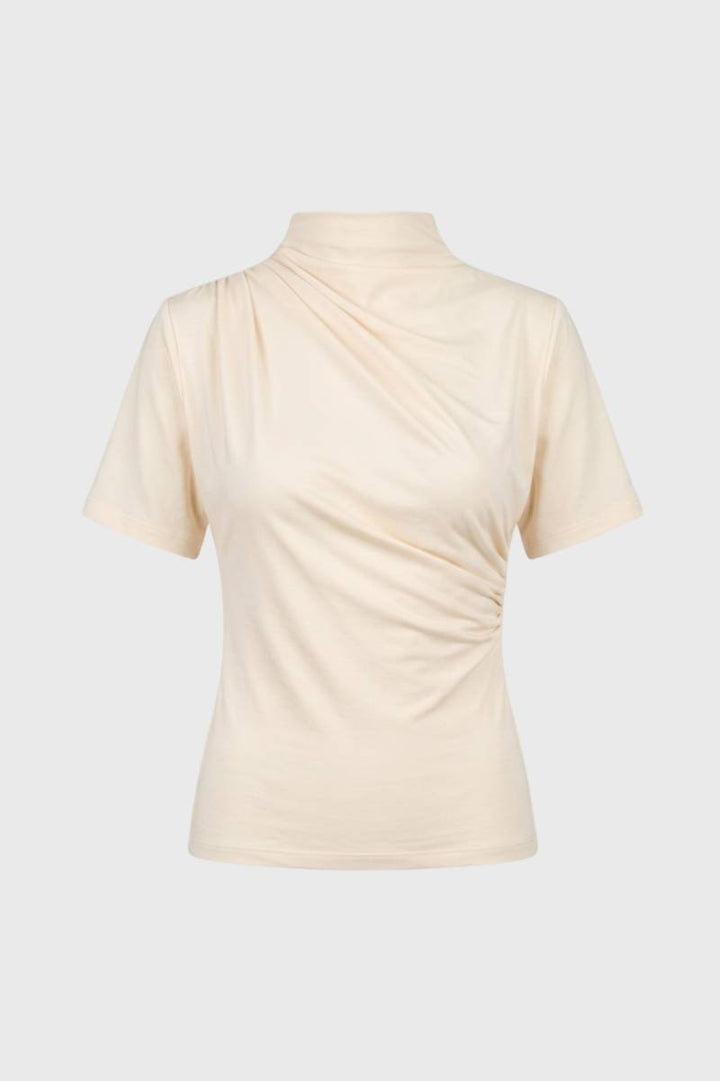 Damen T-Shirt - Drapiert | Hoher Kragen mit kurzen Ärmeln