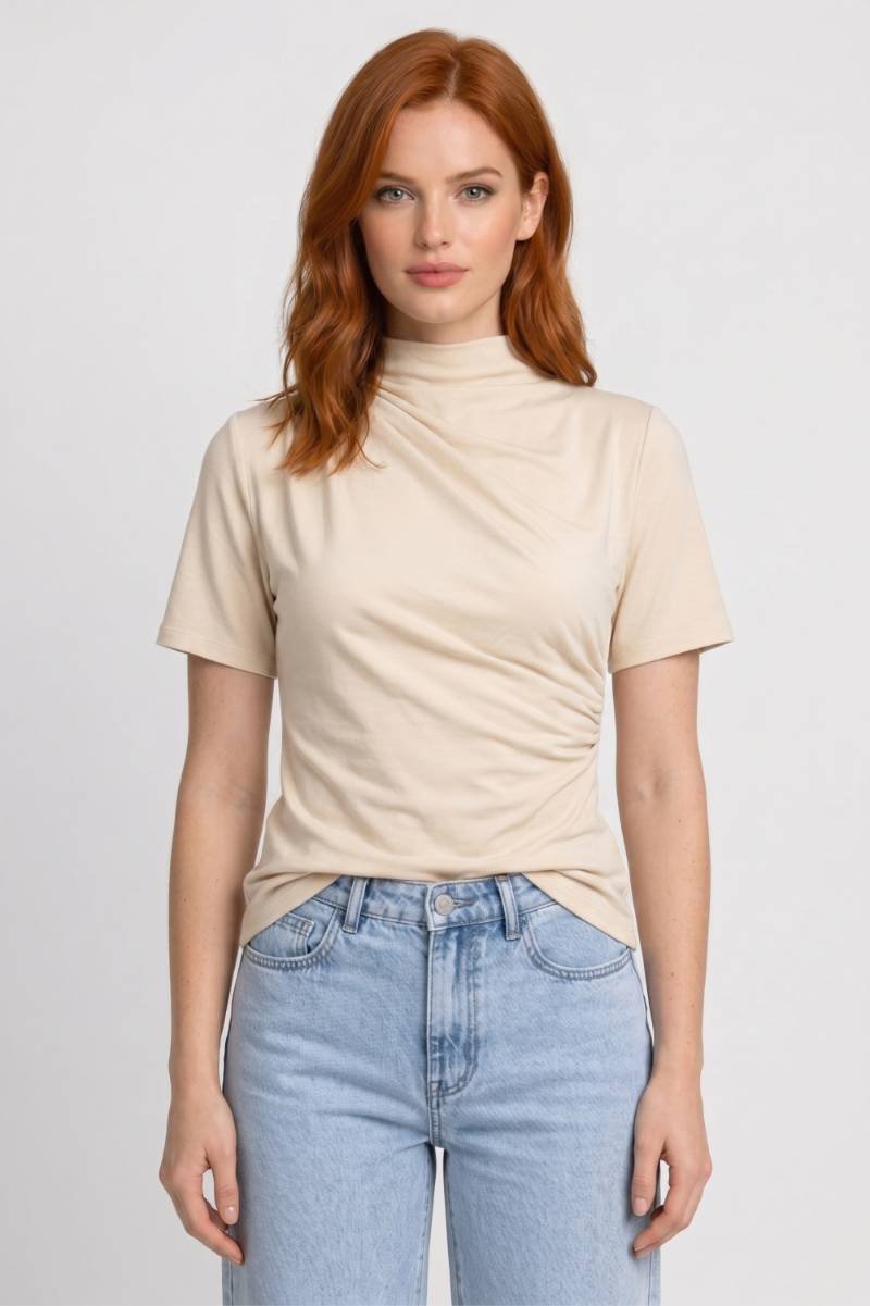 Damen T-Shirt - Drapiert | Hoher Kragen mit kurzen Ärmeln