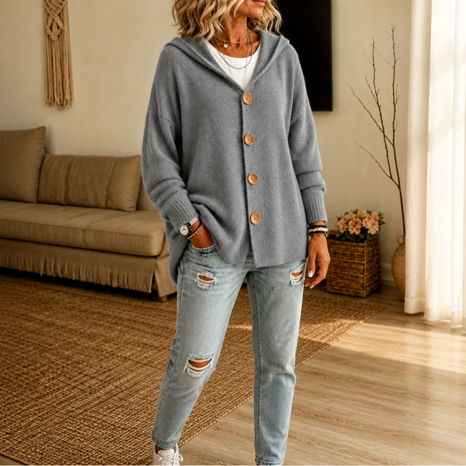 Waffelstrickjacke mit Kapuze und Knöpfen