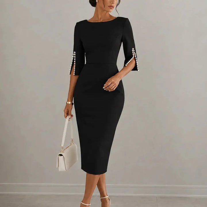 Damenkleid | Midi Perlenärmel Schlitzdetails
