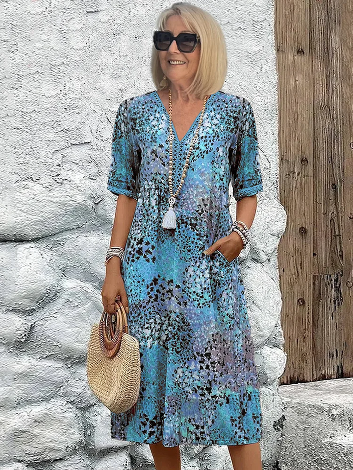 Damen Bedrucktes V-Ausschnitt A-Linien Midi-Kleid