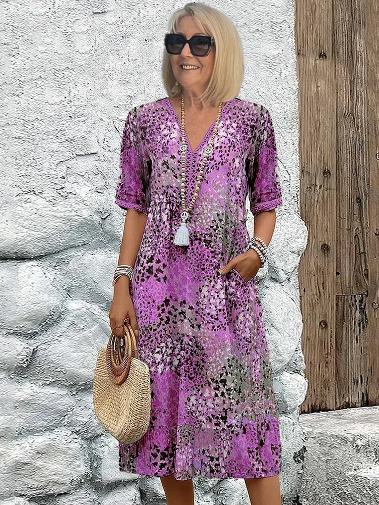 Damen Bedrucktes V-Ausschnitt A-Linien Midi-Kleid
