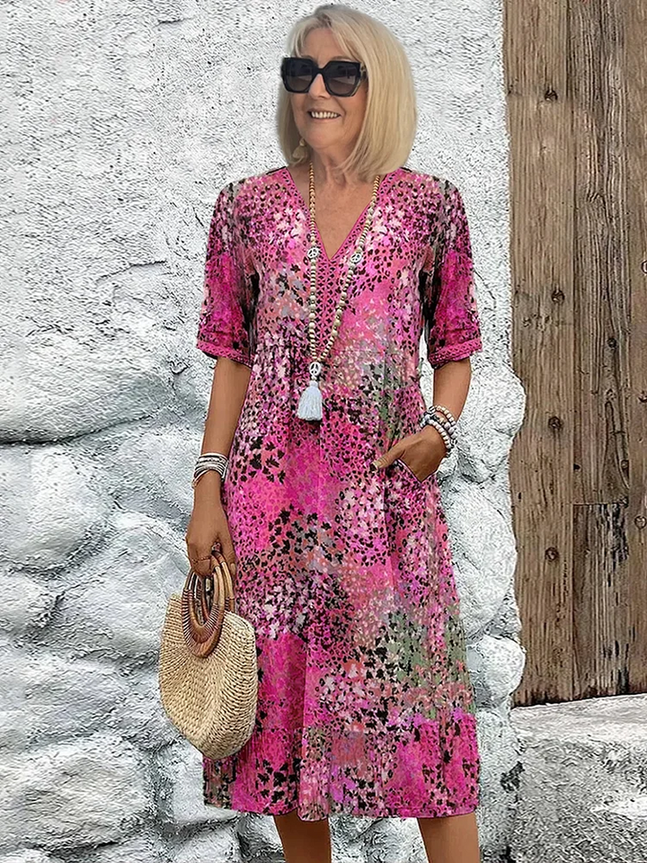 Damen Bedrucktes V-Ausschnitt A-Linien Midi-Kleid
