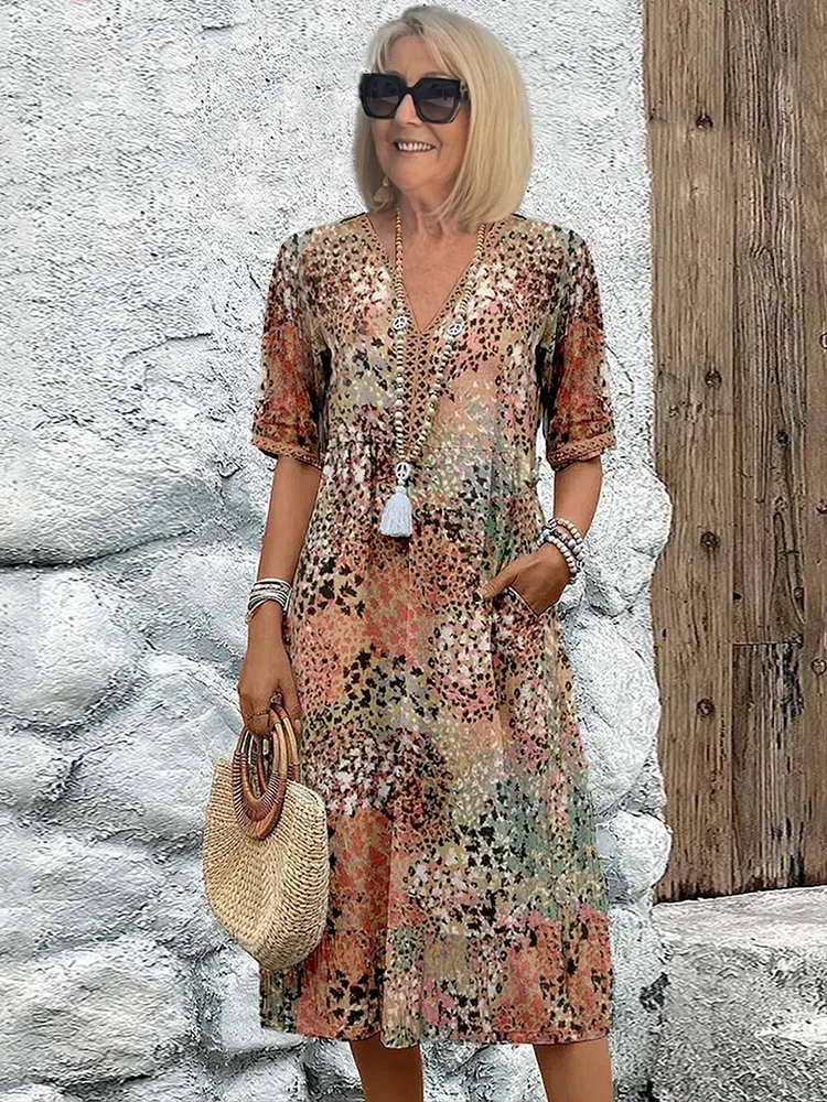 Damen Bedrucktes V-Ausschnitt A-Linien Midi-Kleid