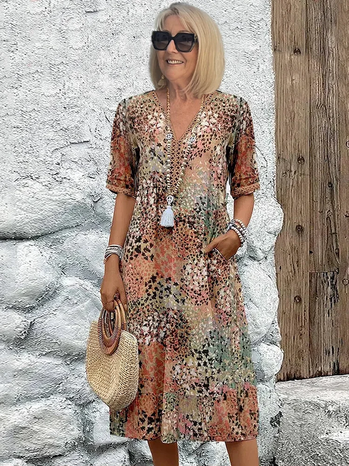 Damen Bedrucktes V-Ausschnitt A-Linien Midi-Kleid