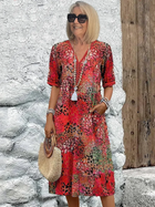 Damen Bedrucktes V-Ausschnitt A-Linien Midi-Kleid