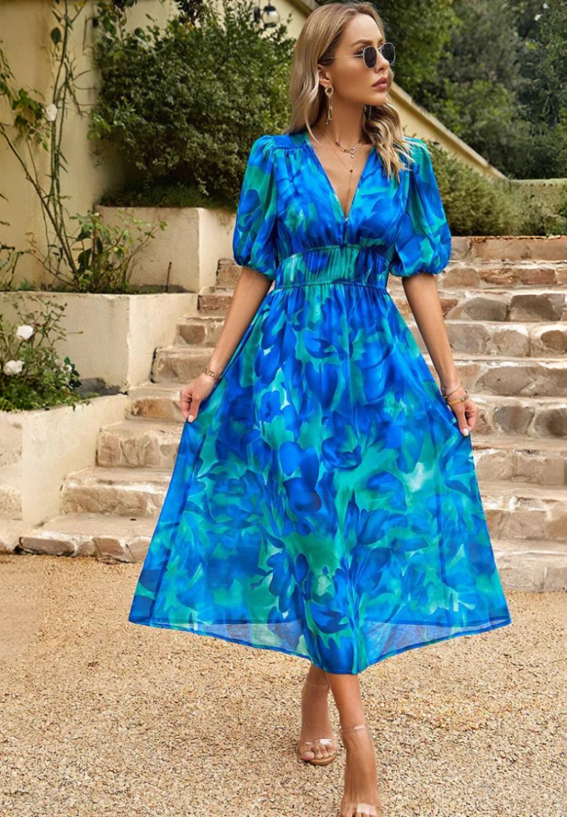 Damen V-Ausschnitt Blumen A-Linie Midi Kleid