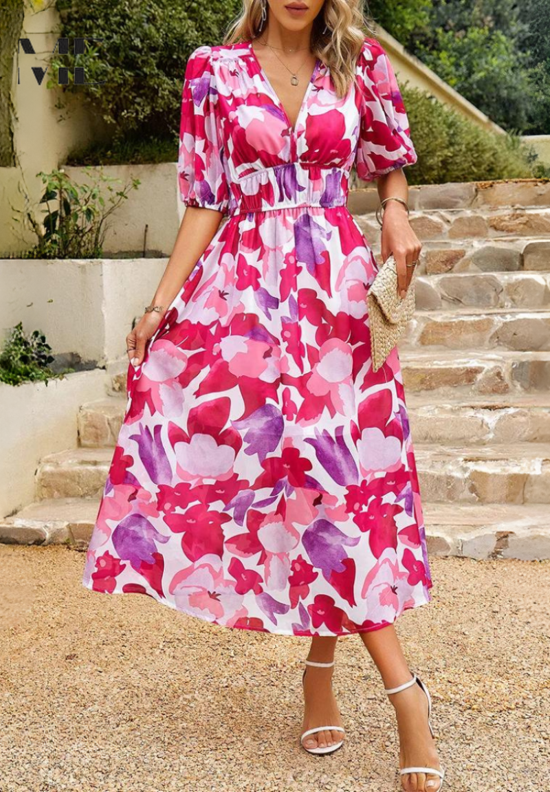 Damen V-Ausschnitt Blumen A-Linie Midi Kleid