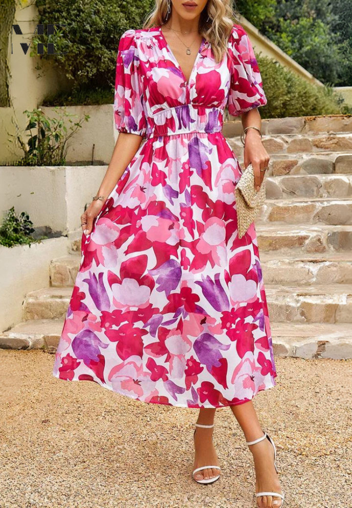 Damen V-Ausschnitt Blumen A-Linie Midi Kleid