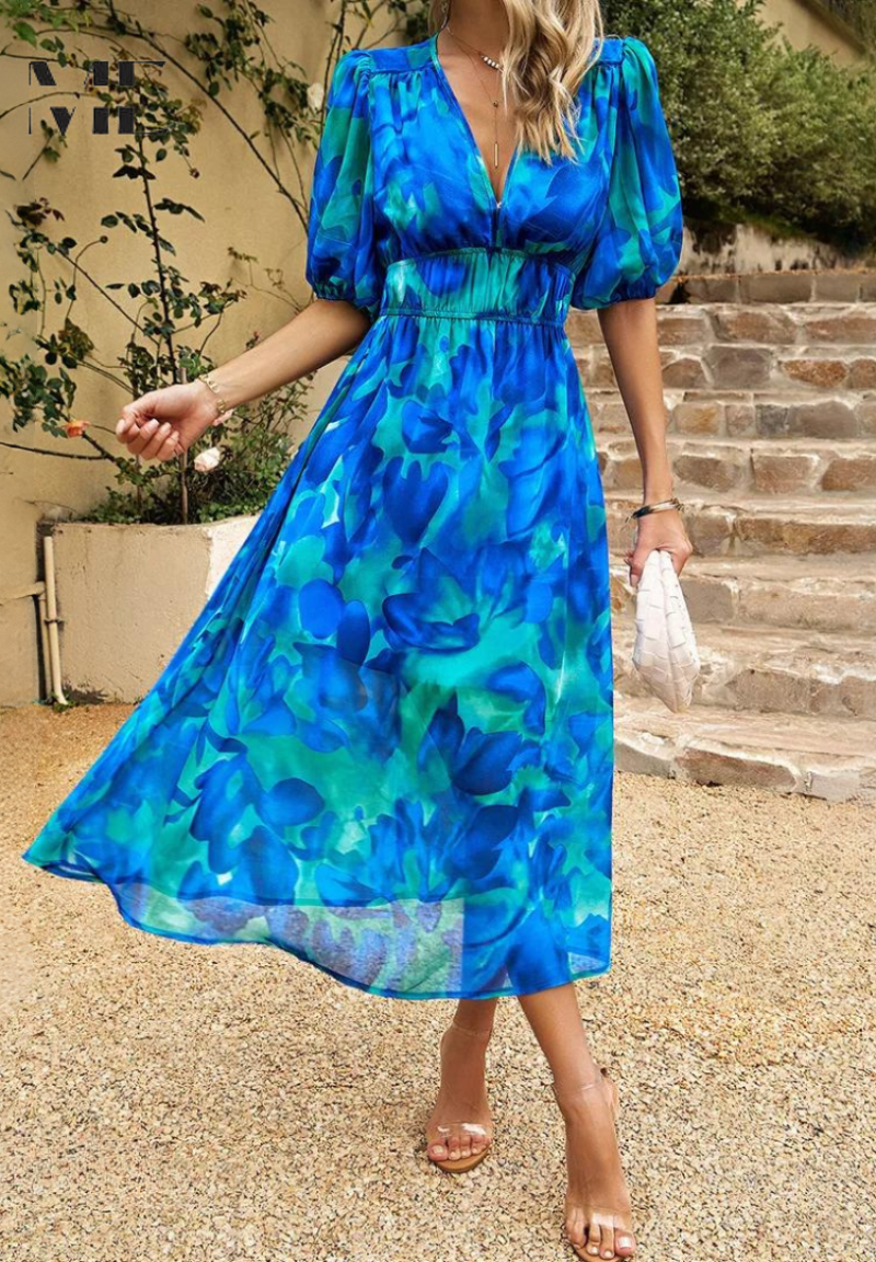 Damen V-Ausschnitt Blumen A-Linie Midi Kleid