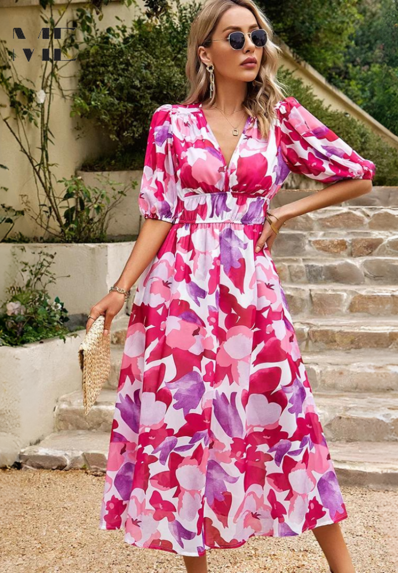 Damen V-Ausschnitt Blumen A-Linie Midi Kleid