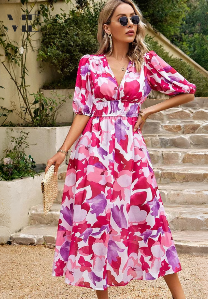 Damen V-Ausschnitt Blumen A-Linie Midi Kleid