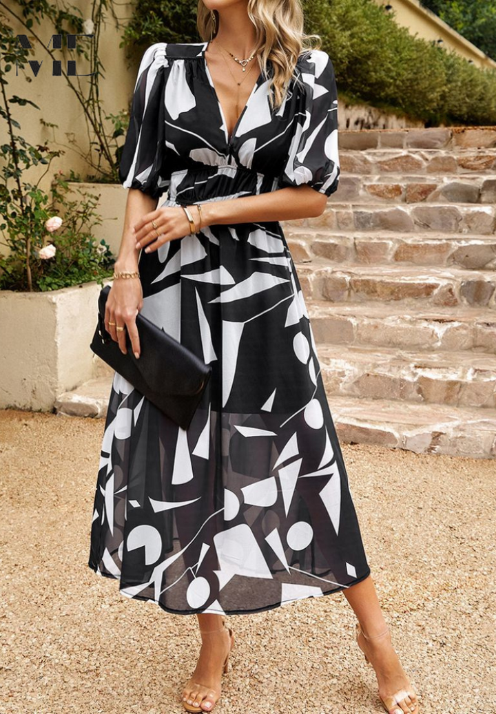 Damen V-Ausschnitt Blumen A-Linie Midi Kleid