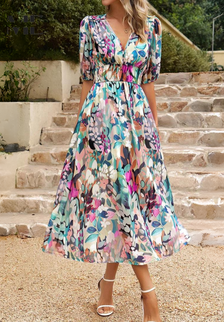 Damen V-Ausschnitt Blumen A-Linie Midi Kleid