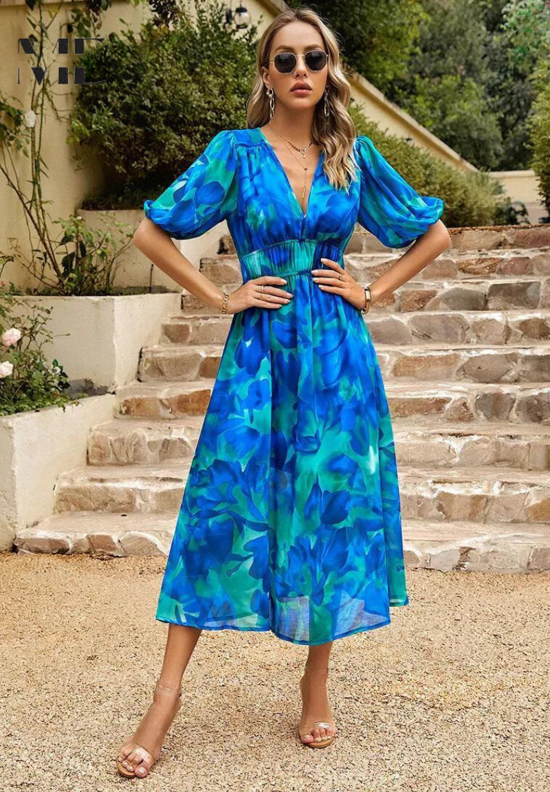 Damen V-Ausschnitt Blumen A-Linie Midi Kleid