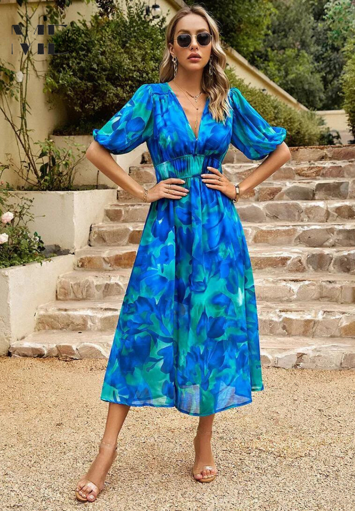 Damen V-Ausschnitt Blumen A-Linie Midi Kleid
