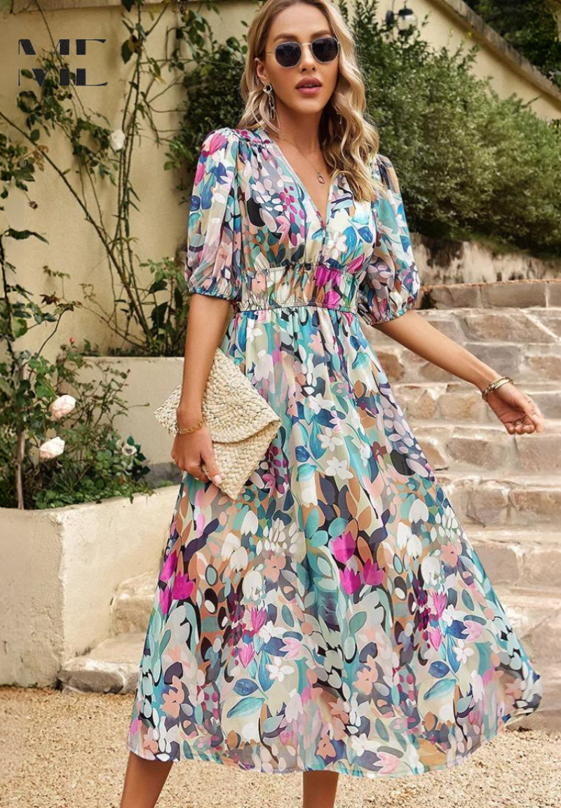 Damen V-Ausschnitt Blumen A-Linie Midi Kleid