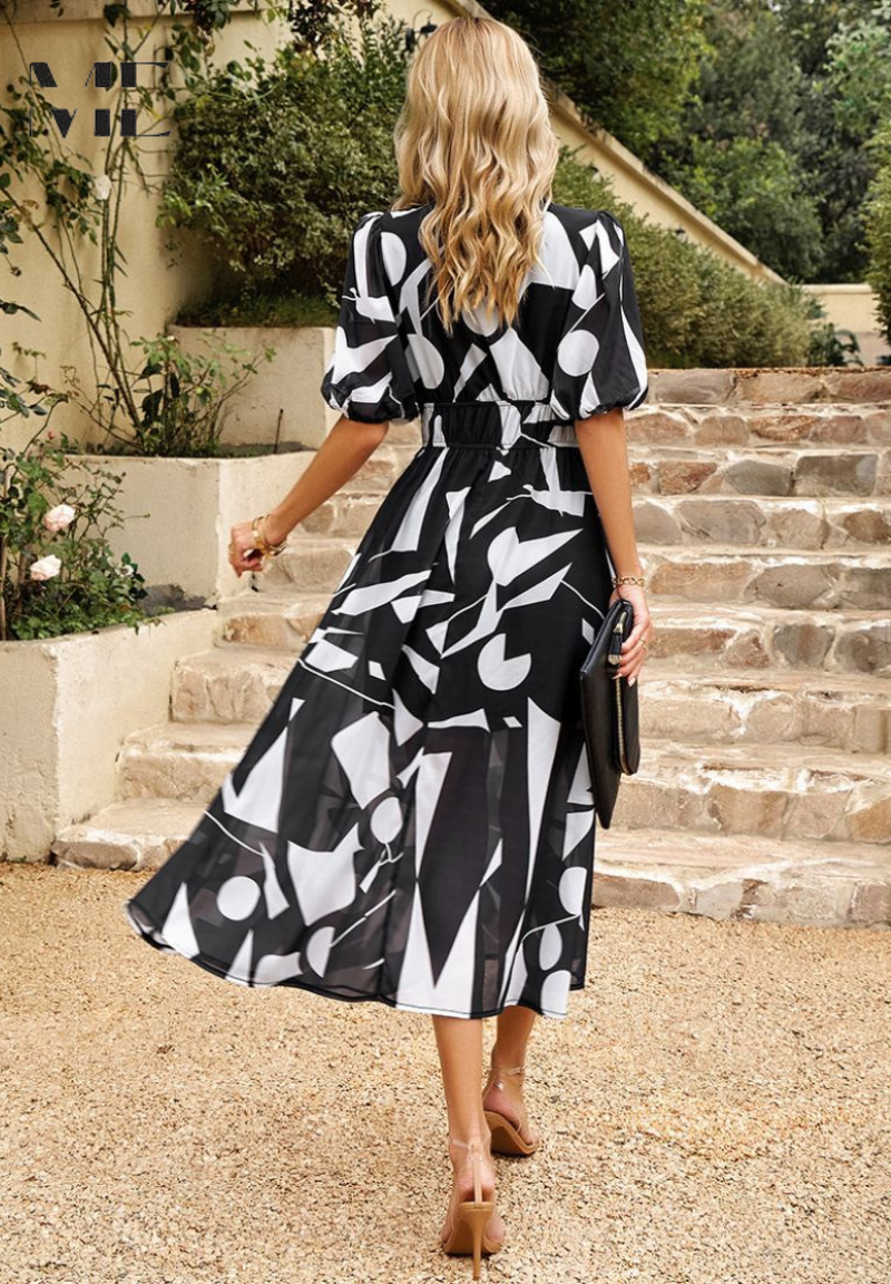 Damen V-Ausschnitt Blumen A-Linie Midi Kleid