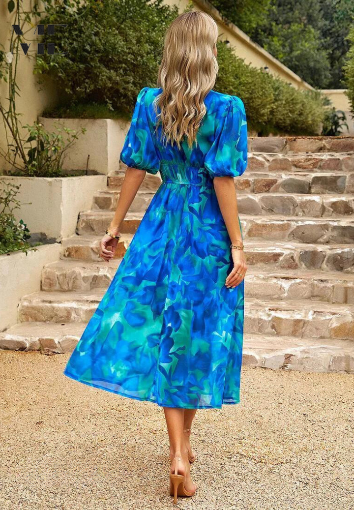 Damen V-Ausschnitt Blumen A-Linie Midi Kleid