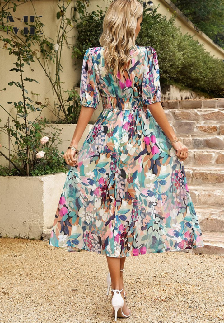 Damen V-Ausschnitt Blumen A-Linie Midi Kleid