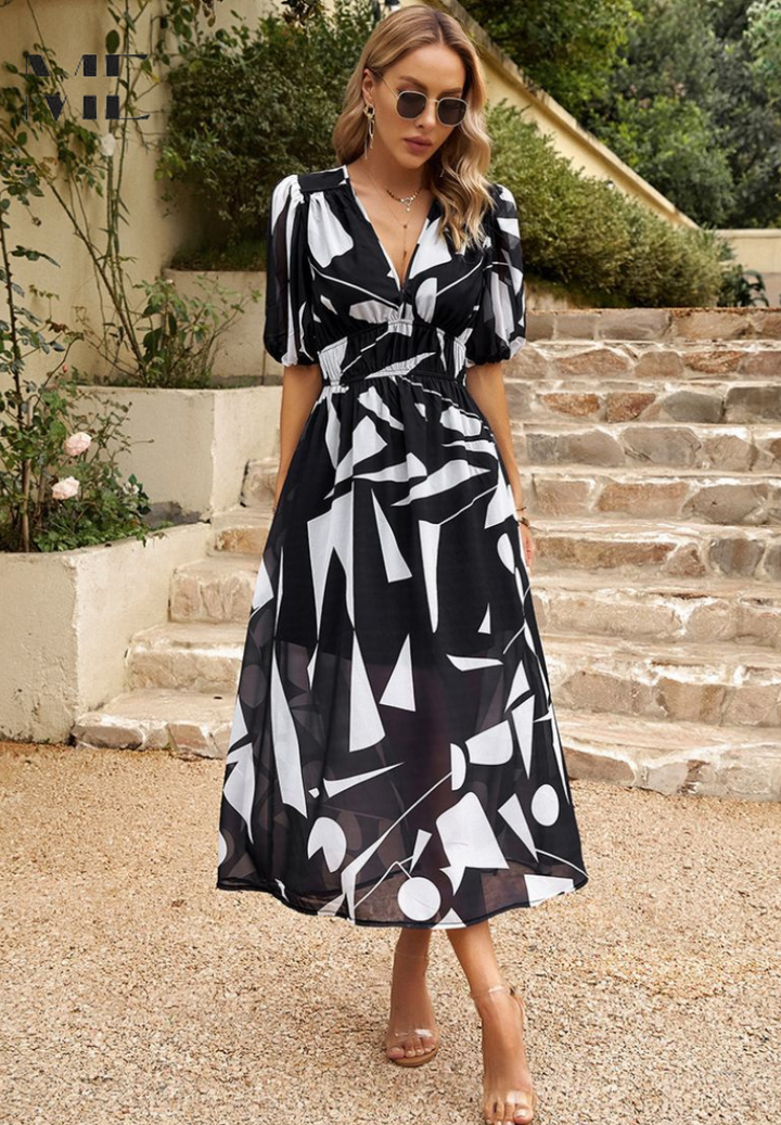 Damen V-Ausschnitt Blumen A-Linie Midi Kleid