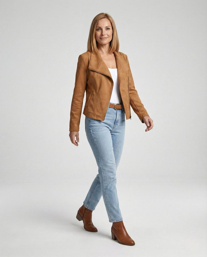 Isabella | Damen Asymmetrisch-Reißverschluss Taillierte Kunstwildleder Bikerjacke