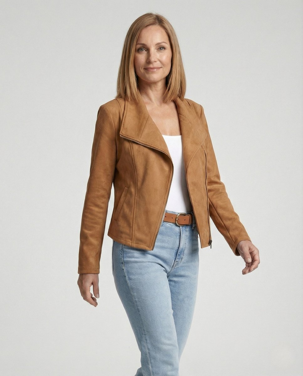 Isabella | Damen Asymmetrisch-Reißverschluss Taillierte Kunstwildleder Bikerjacke