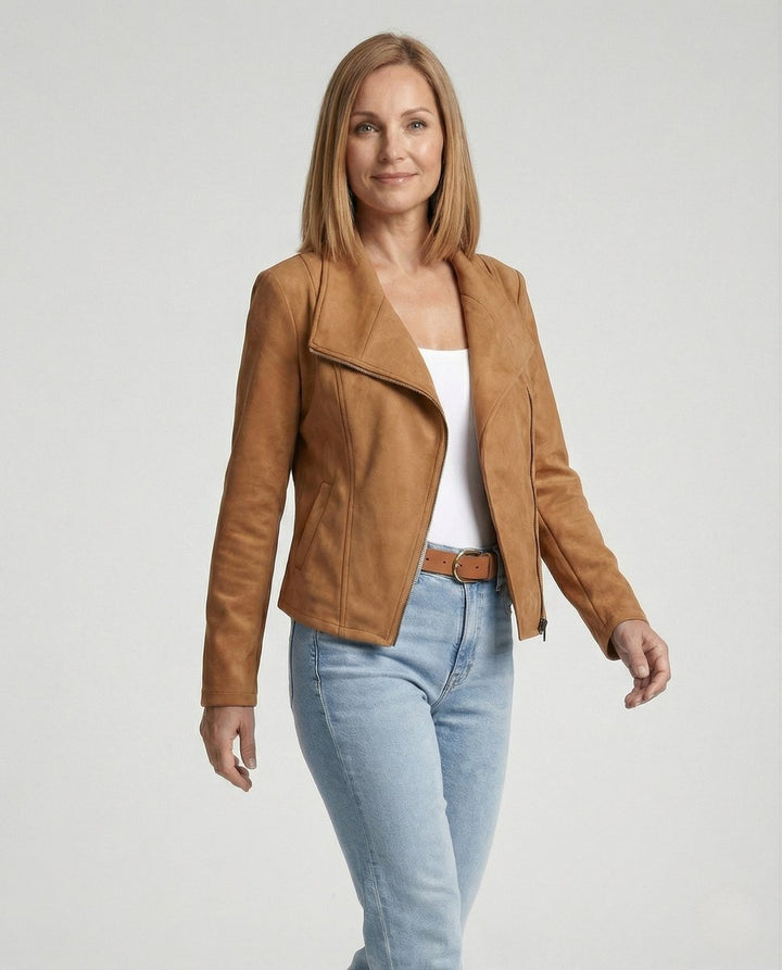 Isabella | Damen Asymmetrisch-Reißverschluss Taillierte Kunstwildleder Bikerjacke
