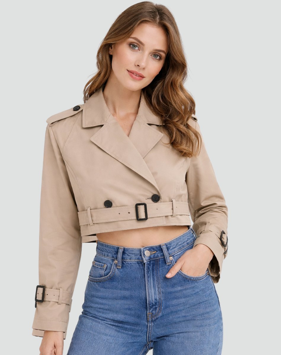Madison | Damen kurz geschnittener, doppelt geknöpfter Trenchcoat mit Gürtel