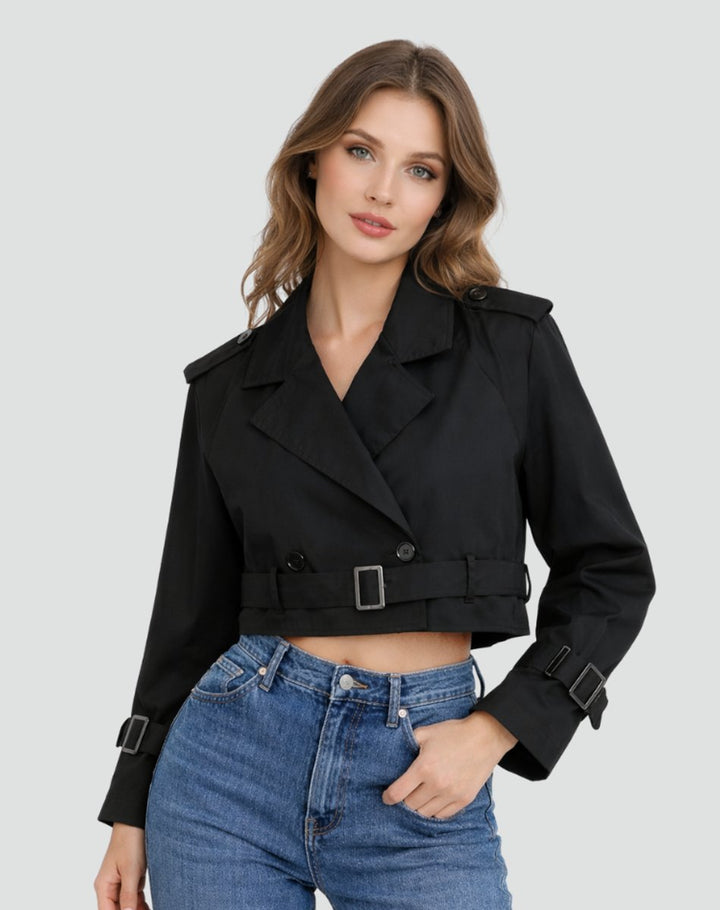 Madison | Damen kurz geschnittener, doppelt geknöpfter Trenchcoat mit Gürtel