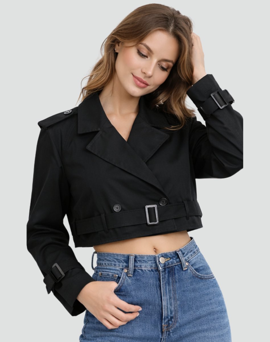 Madison | Damen kurz geschnittener, doppelt geknöpfter Trenchcoat mit Gürtel