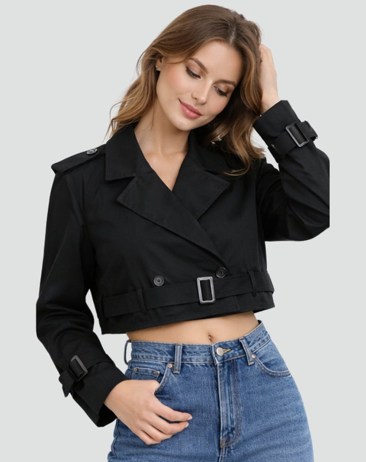 Madison | Damen kurz geschnittener, doppelt geknöpfter Trenchcoat mit Gürtel