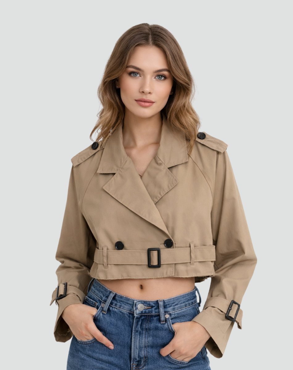 Madison | Damen kurz geschnittener, doppelt geknöpfter Trenchcoat mit Gürtel