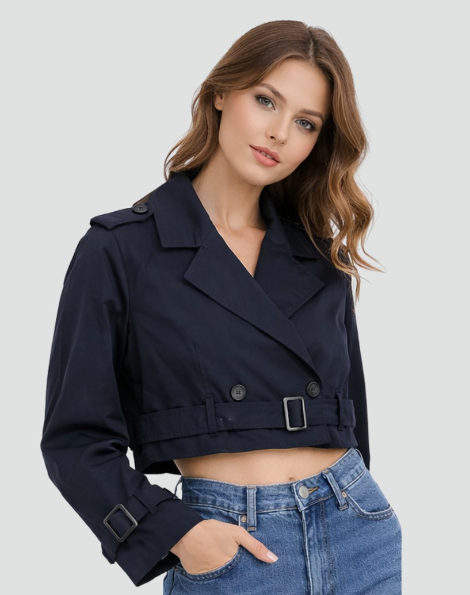 Madison | Damen kurz geschnittener, doppelt geknöpfter Trenchcoat mit Gürtel