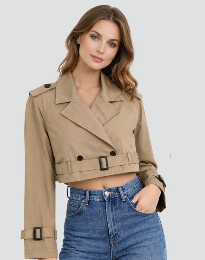 Madison | Damen kurz geschnittener, doppelt geknöpfter Trenchcoat mit Gürtel