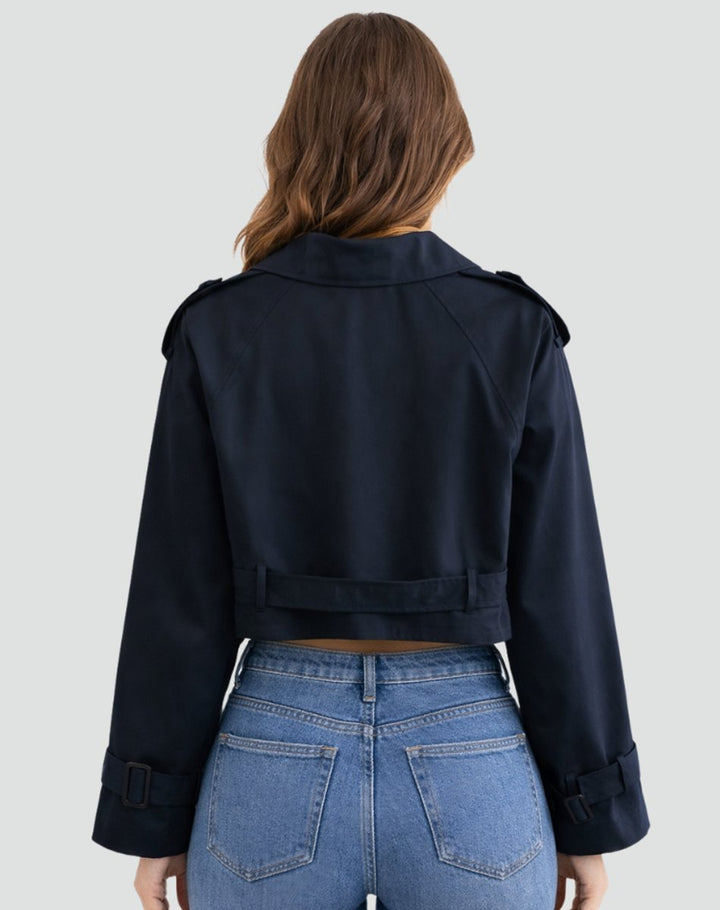 Madison | Damen kurz geschnittener, doppelt geknöpfter Trenchcoat mit Gürtel
