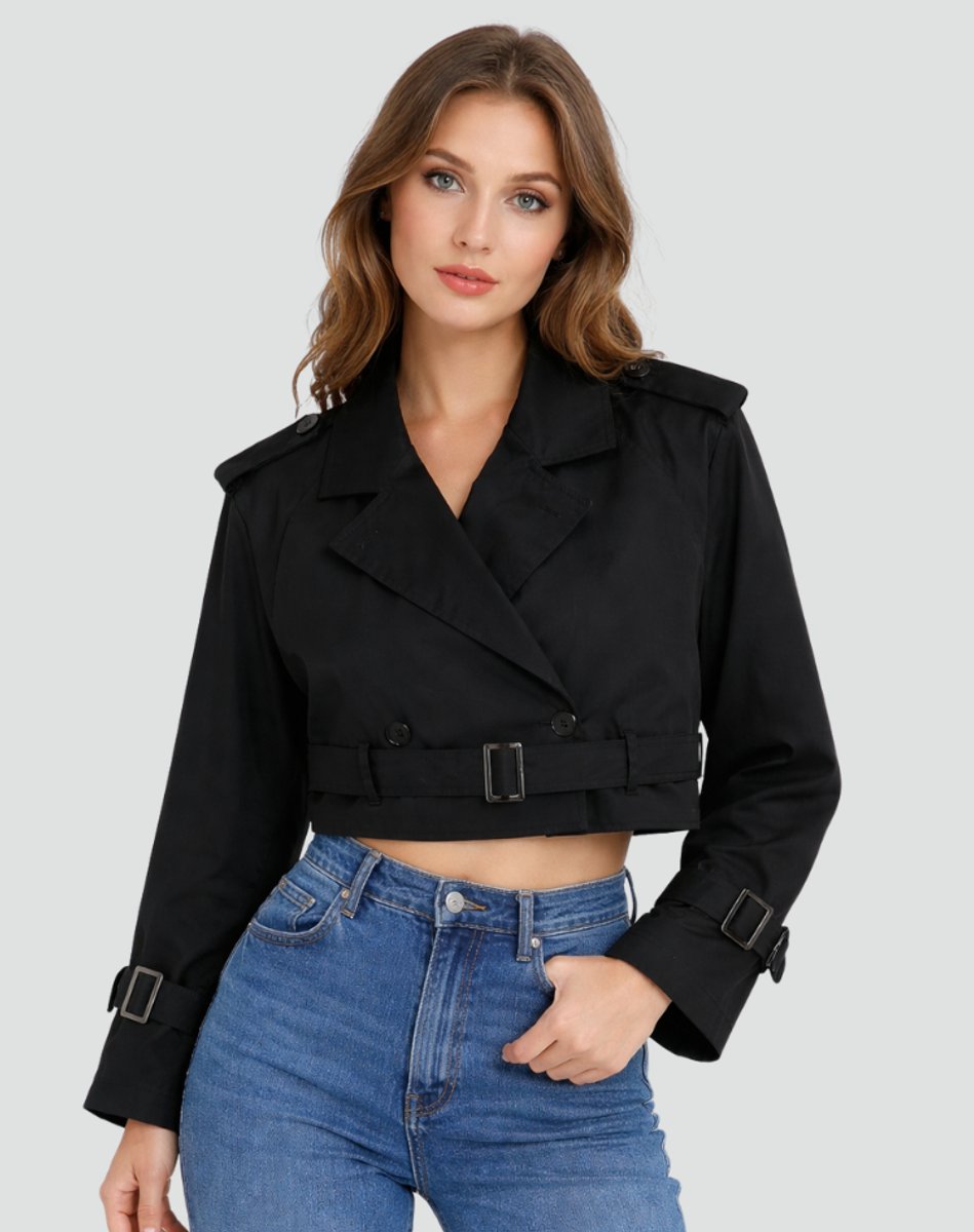 Madison | Damen kurz geschnittener, doppelt geknöpfter Trenchcoat mit Gürtel